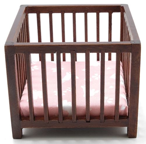 Slatted Play Pen, Walnut with Pink Fabric